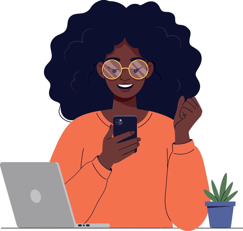 Happy woman with curly hair checking smartphone while sitting at a desk with a laptop and a plant in minimal illustration vector