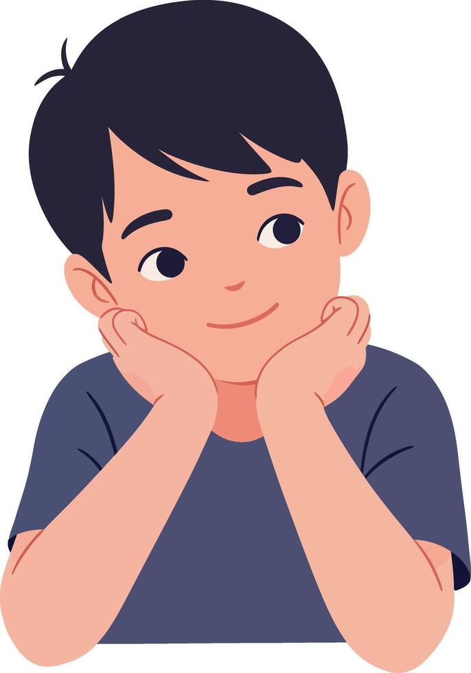 Thoughtful young boy with chin resting on hands in flat illustration vector
