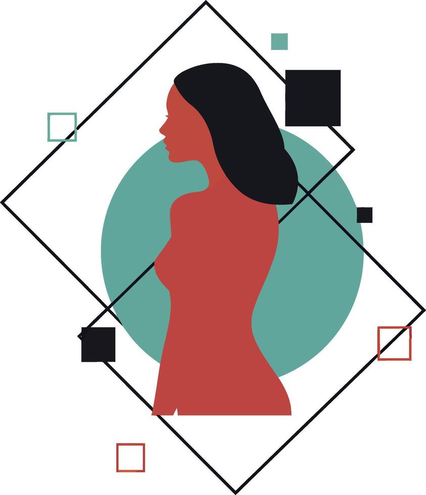 Silhouette of a woman in profile with geometric shapes and flat design elements in art vector