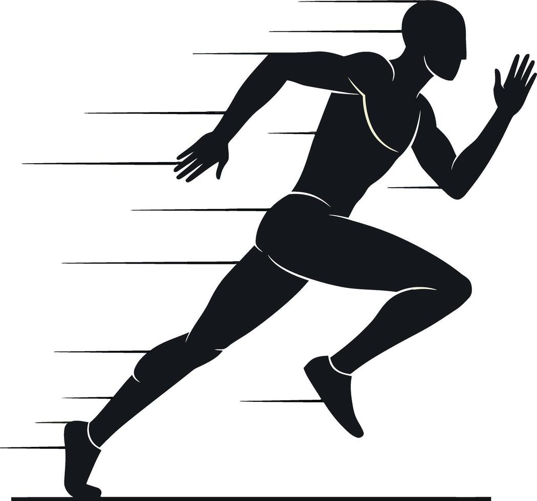 Dynamic silhouette of a male athlete sprinting in a flat black and white illustration vector
