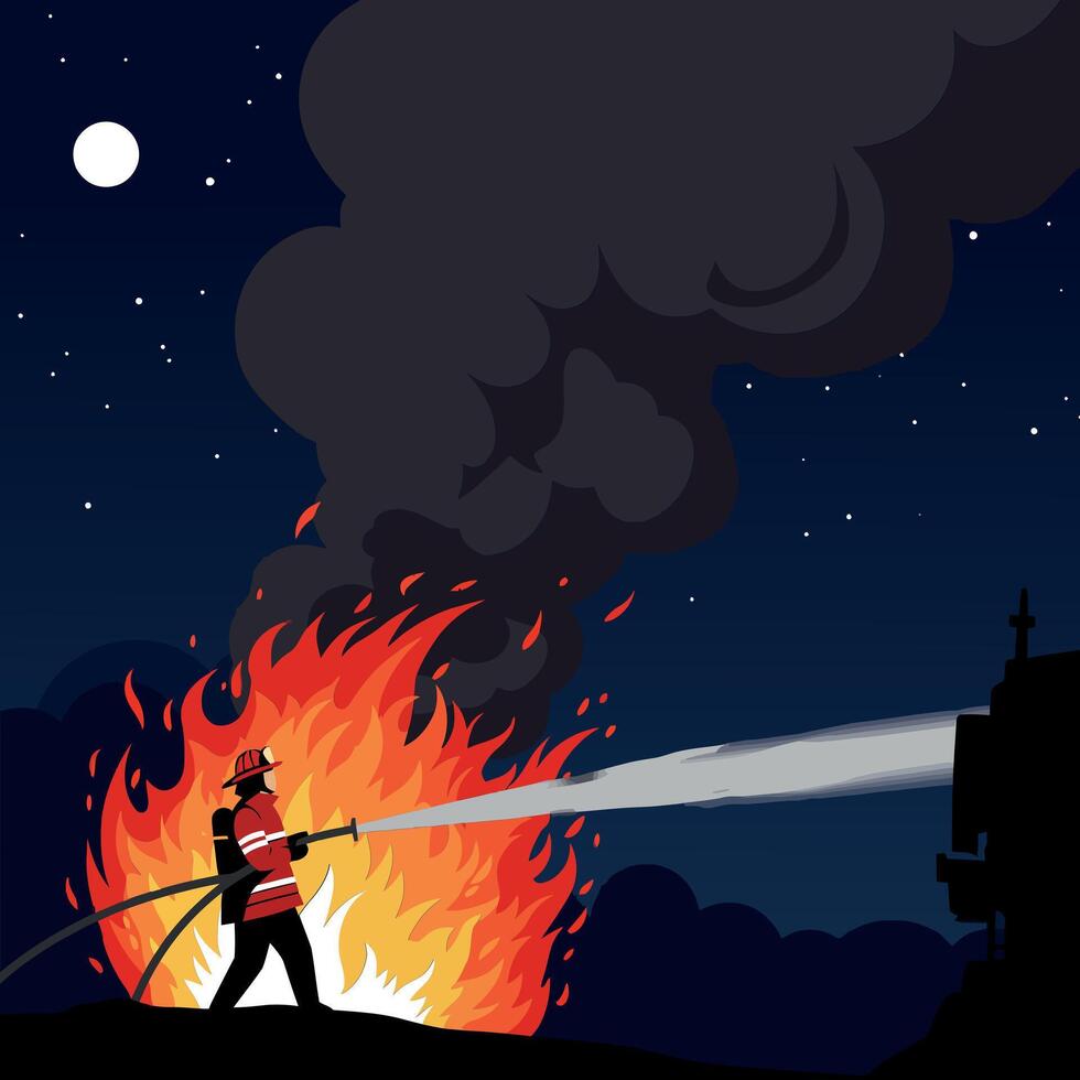 Firefighter battling intense flames at night in detailed illustration vector