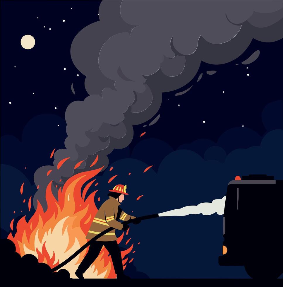 A firefighter battling flames at night in a flat illustration scene showcasing bravery and determination vector