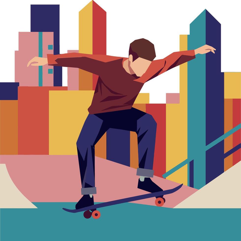 A young skateboarder performing tricks in a vibrant cityscape, minimal art vector