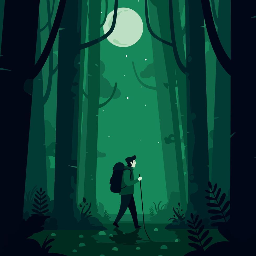 A hiker walking through a dense green forest under a full moon in flat art vector