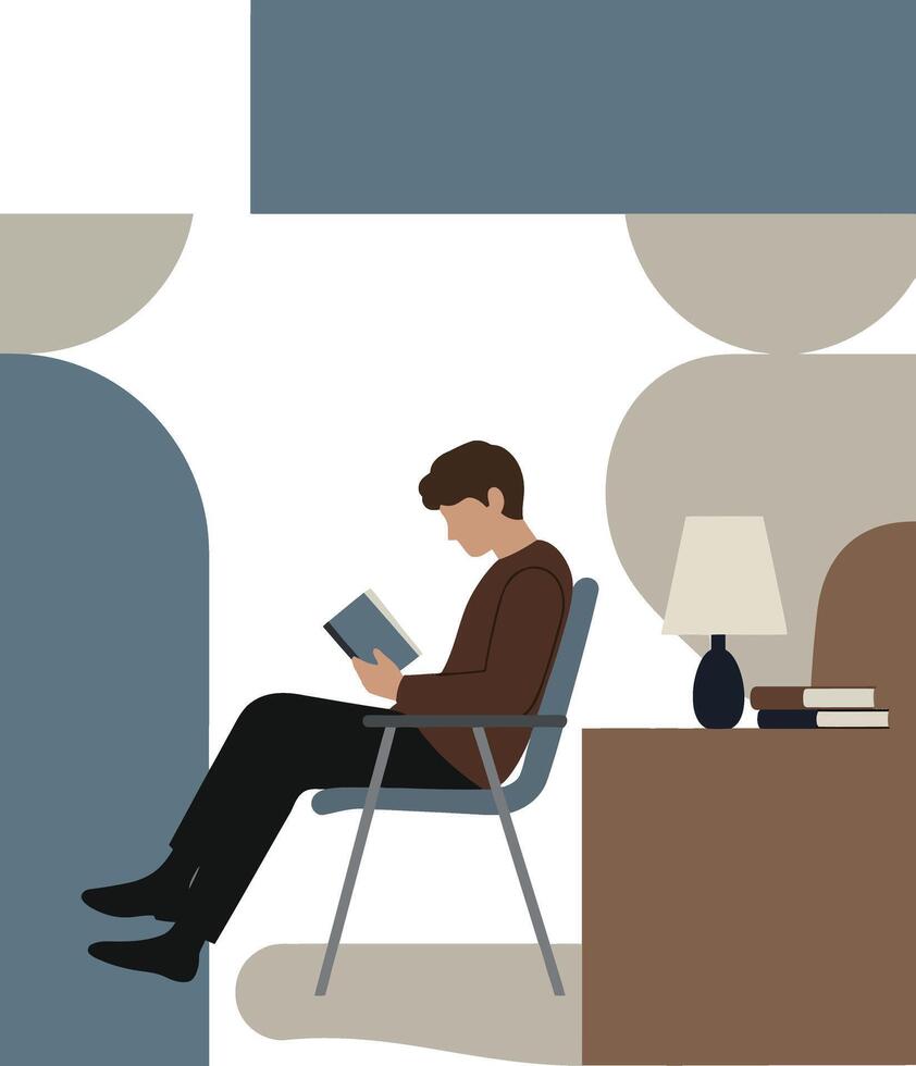 A man reading a book in a cozy room with minimal flat design illustration vector