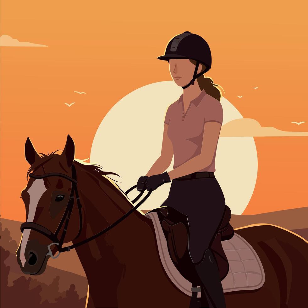 Horseback rider in sunset silhouette style with detailed art vector