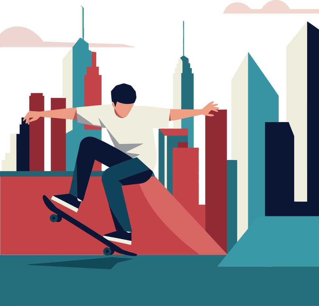 A young man performing a skateboard trick in a vibrant cityscape, flat illustration vector