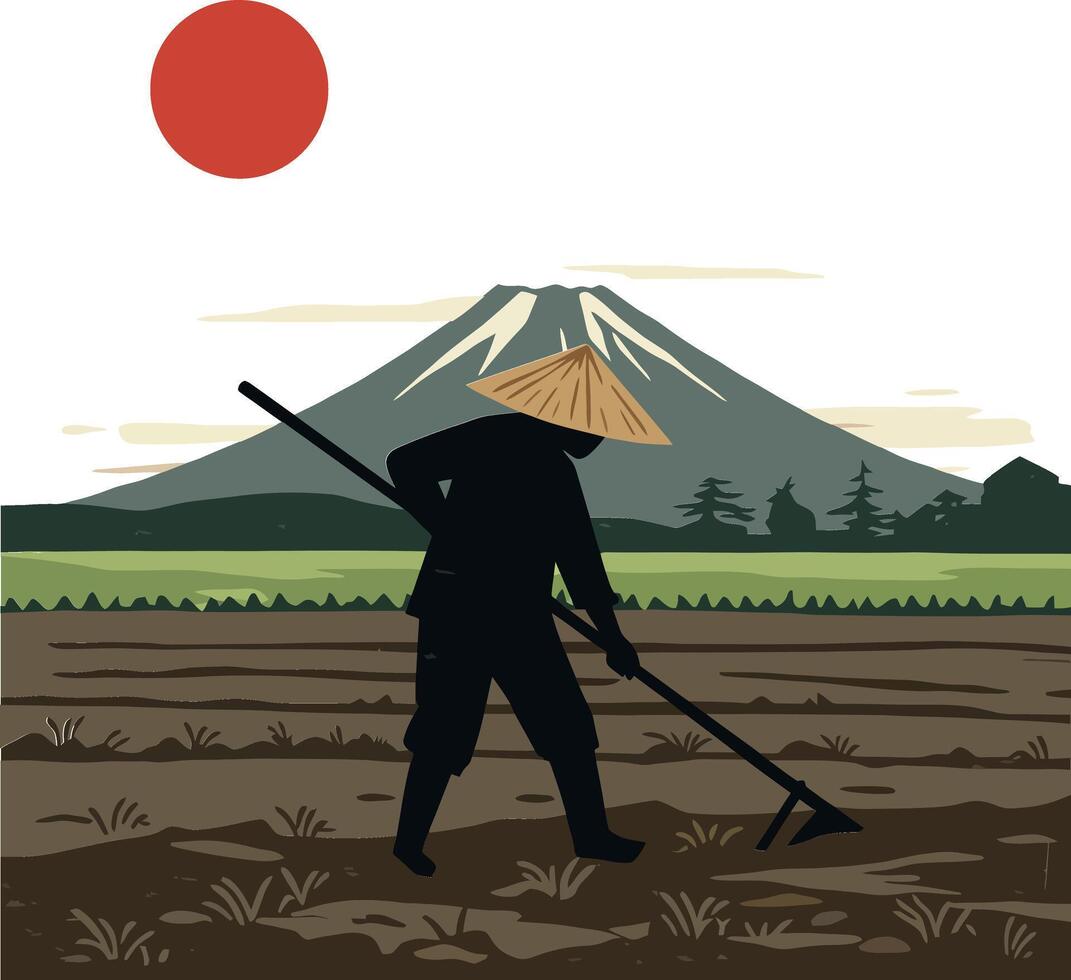 A farmer working in a field with a hoe under a large red sun and mountains in flat art vector
