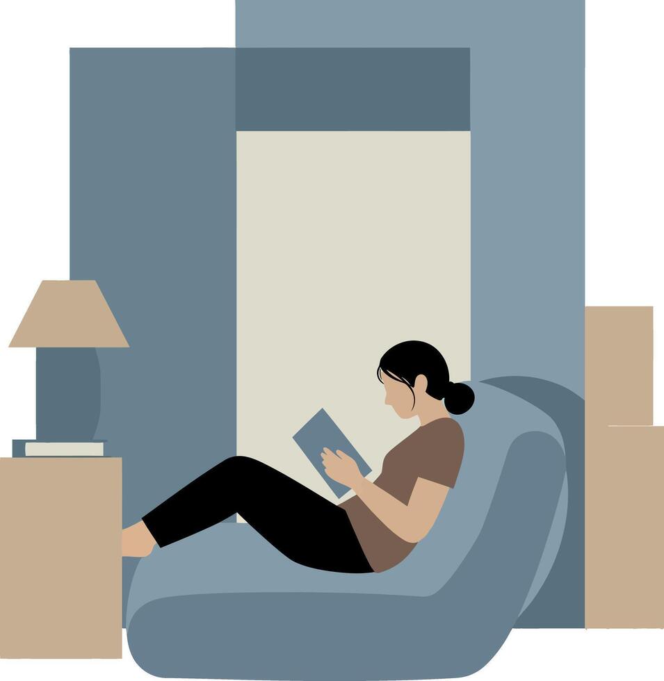 Cozy indoor scene featuring a woman reading on a bean bag chair in a flat illustration vector