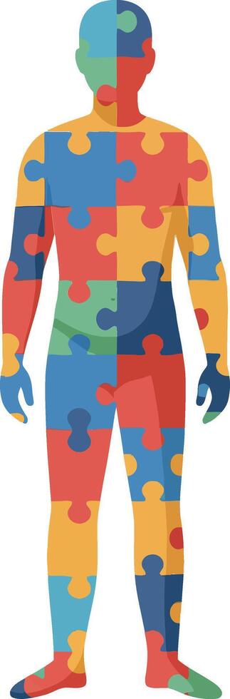 Human silhouette filled with colorful puzzle pieces in a flat design art vector