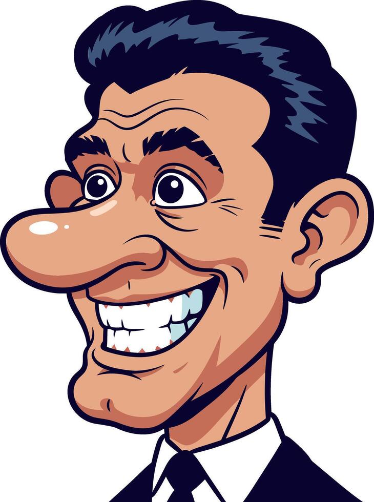 Cartoon-style illustration of a smiling man in a suit with exaggerated features and vibrant colors in art vector