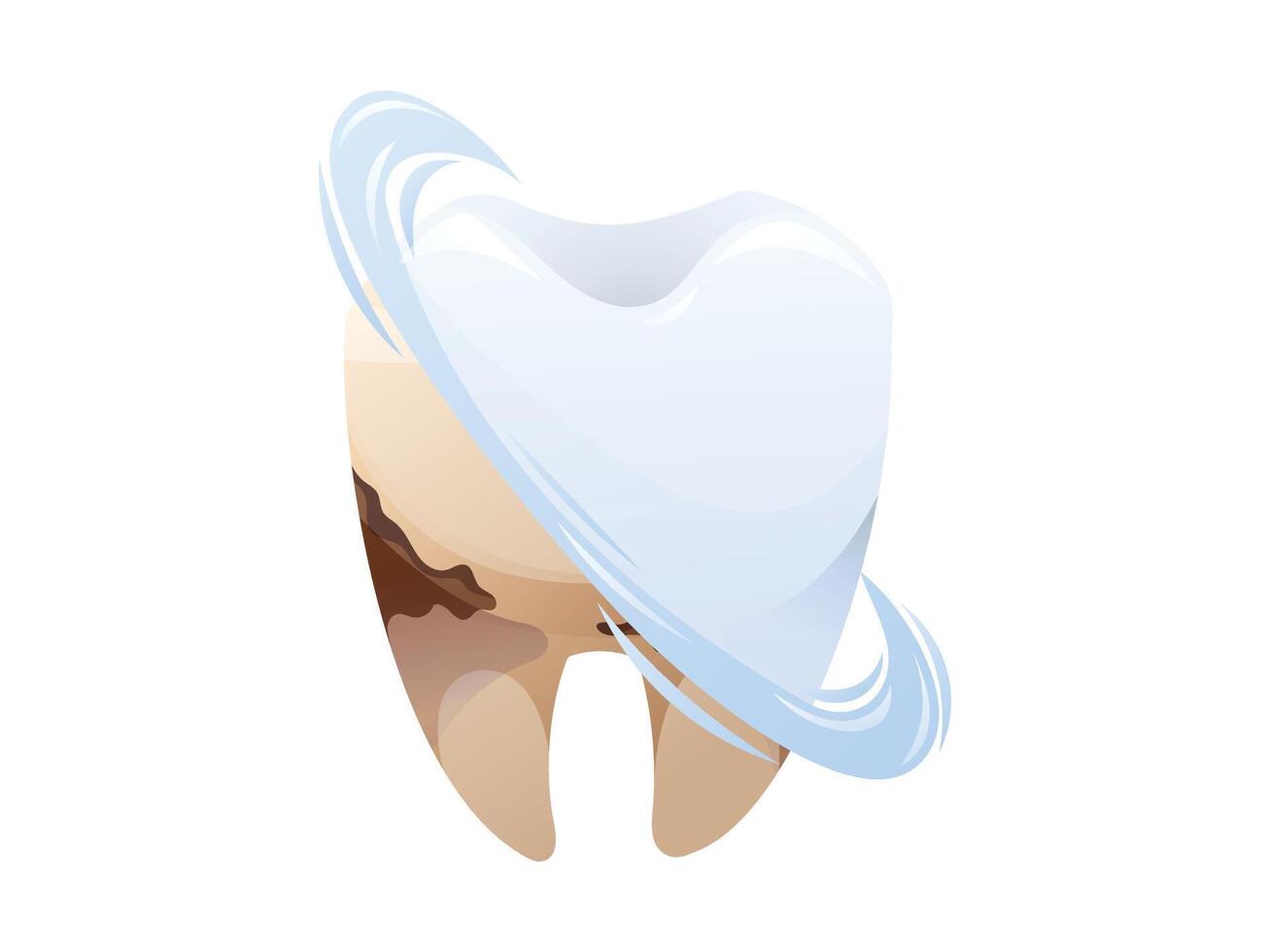 isolated Cartoon illustration dirty tooth being cleaned, transforming into a healthy white one with a shiny effect. Concept of dental hygiene, tooth whitening, and oral care. vector