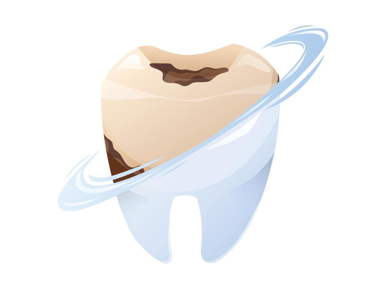 isolated Cartoon illustration of a dirty tooth being cleaned, transforming into a healthy white one with a shiny effect. Concept of dental hygiene, tooth whitening, and oral care. vector