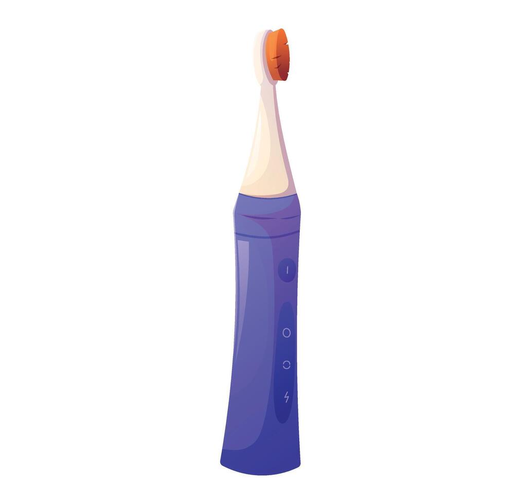 Modern electric toothbrush with purple handle and orange bristles. Cartoon illustration of a rechargeable dental care device isolated on white background. Oral hygiene and healthcare concept. vector
