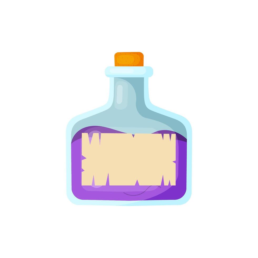 Magic violet potion in a glass bottle with a stopper in flat style isolated on white background. illustration vector