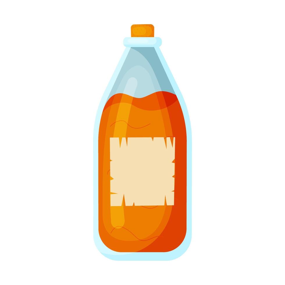Magic orange potion in a glass bottle with a stopper in flat style isolated on white background. illustration vector