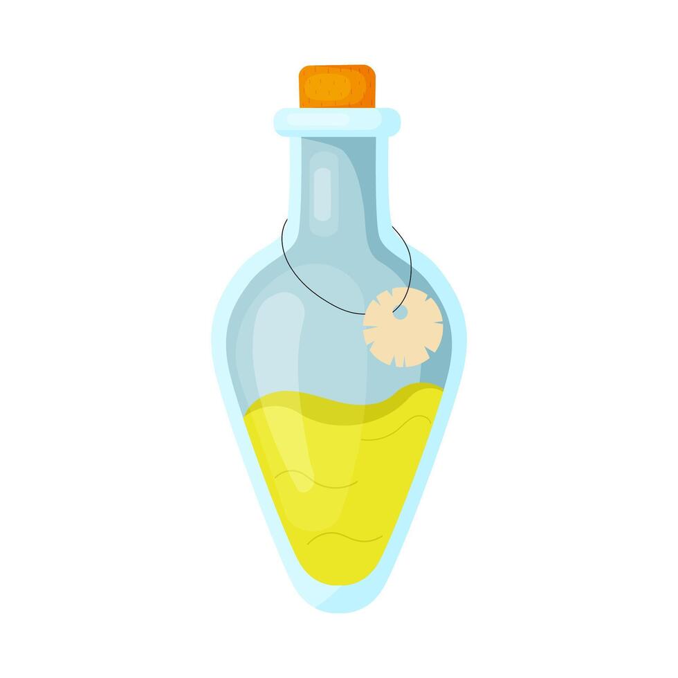 Magic yellow potion in a glass bottle with a stopper in flat style isolated on white background. illustration vector