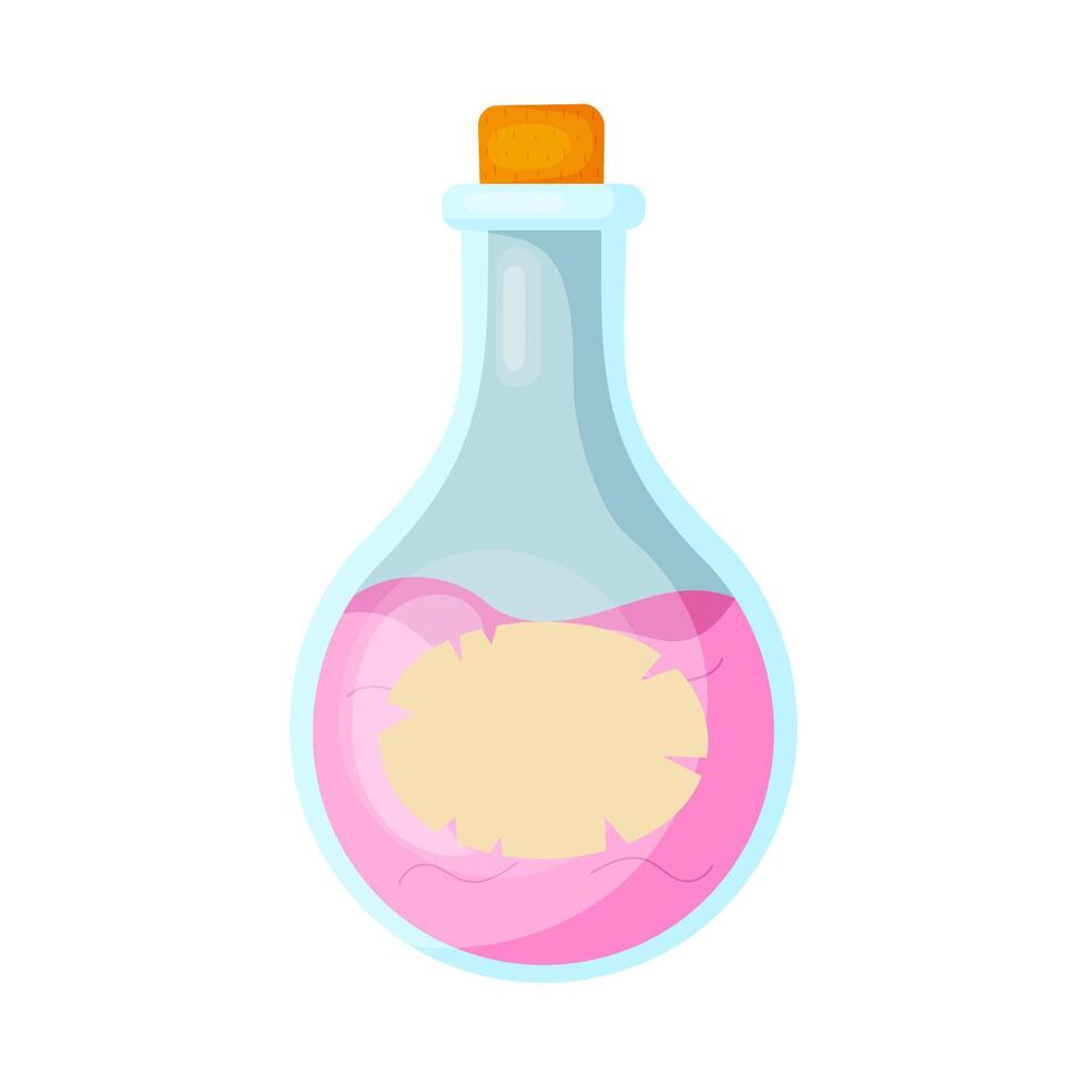 Magic pink potion in a glass bottle with a stopper in flat style isolated on white background. illustration vector