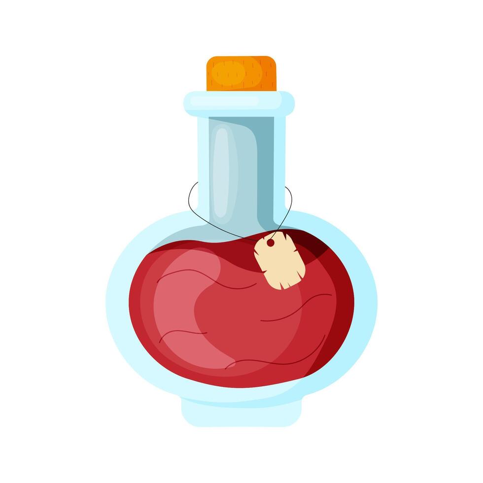Magic red potion in a glass bottle with a stopper in flat style isolated on white background. illustration vector