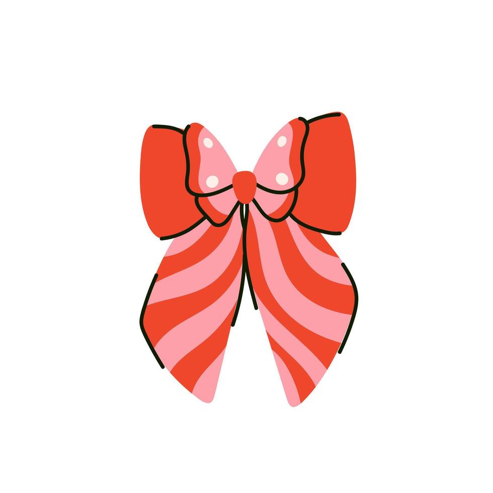 Retro elegant bow knot in shape of butterfly with stripes. Beautiful holiday decorative element, festive present decor. Flat illustration. Vintage 1970 inspiration vector
