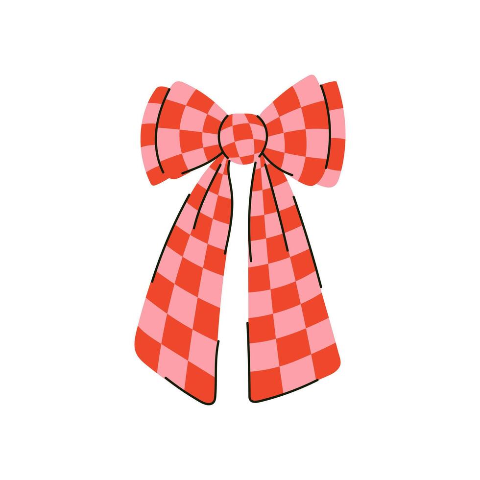 Retro elegant checkered bow. Beautiful holiday decorative element, festive present decor. Hand drawn flat illustration. Vintage hippie 1970 inspiration vector