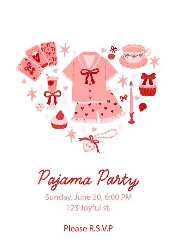 Pajama party invitation template. Composition of themed items in the form of a heart. Card for birthday party with sample text. Editable illustration. Coquette aesthetic. Whimsical elements vector
