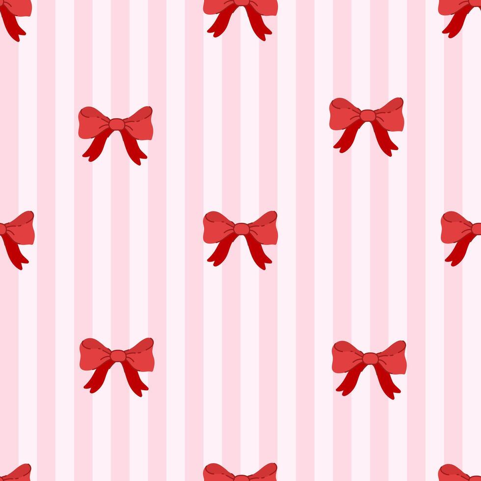 Seamless pattern of elegant bow red knots on striped pink background. Backdrop with coquette pretty charming bow. Vintage hand drawn illustration vector