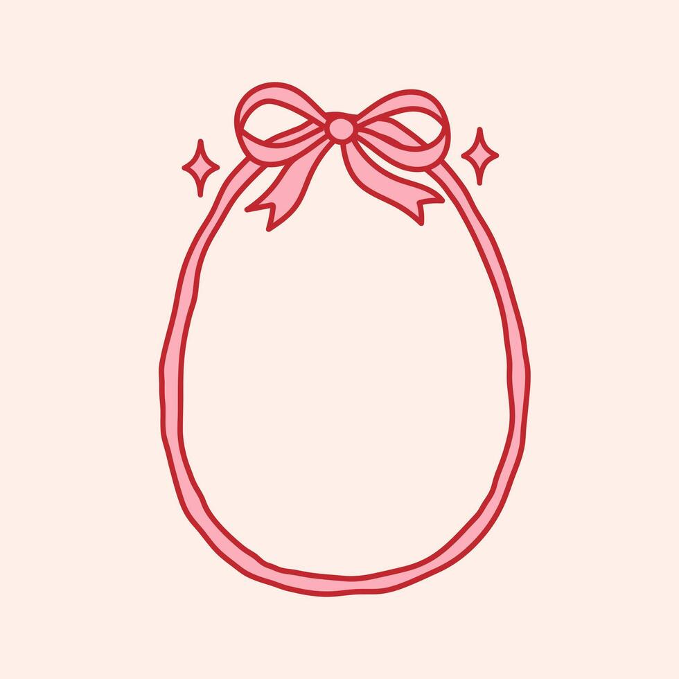 Egg shaped ribbon frame with coquette bow. Holiday trendy border. Vintage background Whimsical card design for Happy Easter vector