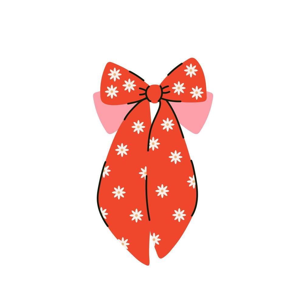 Retro elegant bow knot with daisy cute flowers. Beautiful holiday decorative element, festive present decor. Hand drawn flat illustration. Vintage 1970 inspiration vector