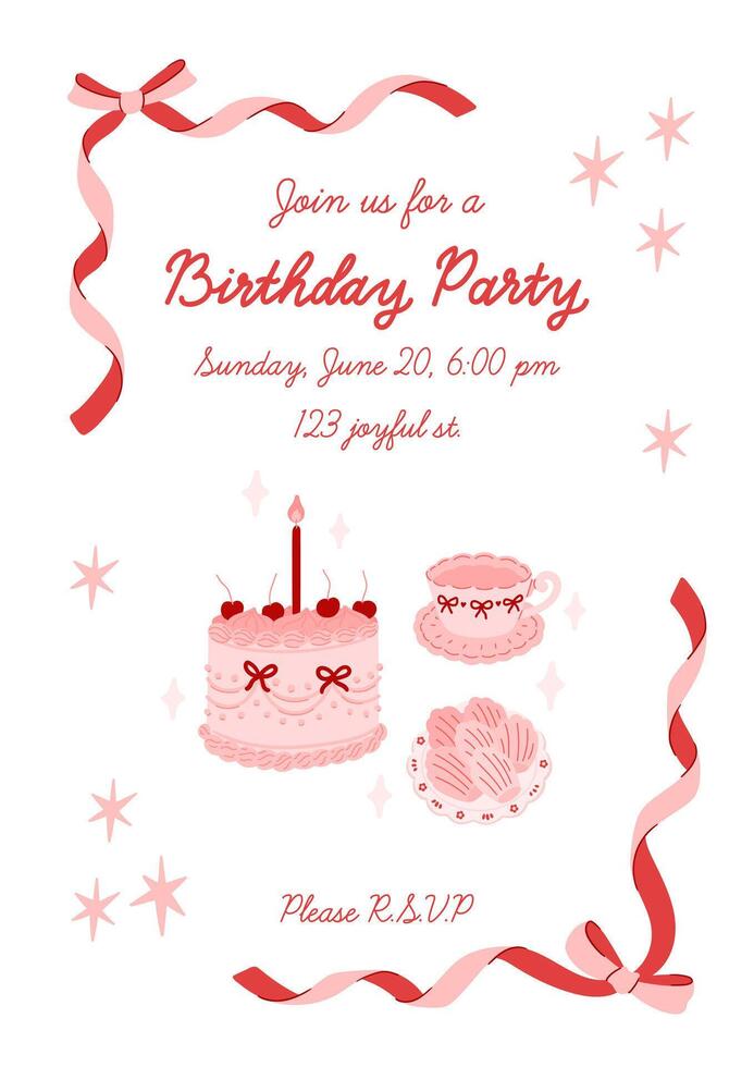 Birthday party invitation template with sample text. Coquette aesthetic. Whimsical elements cake with cherry berry, bow, candle, cup of tea, stars. Border with ribbon bows vector