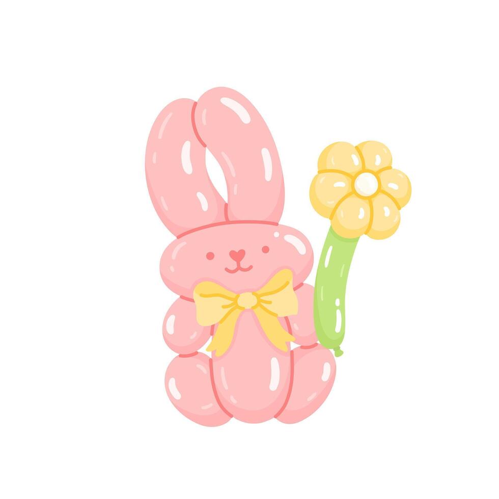 Realistic animal shaped balloon, funny bunny toy with bow and flower. Twisted helium latex ballon. Happy rabbit with positive face expression. Spring, happy easter symbol vector