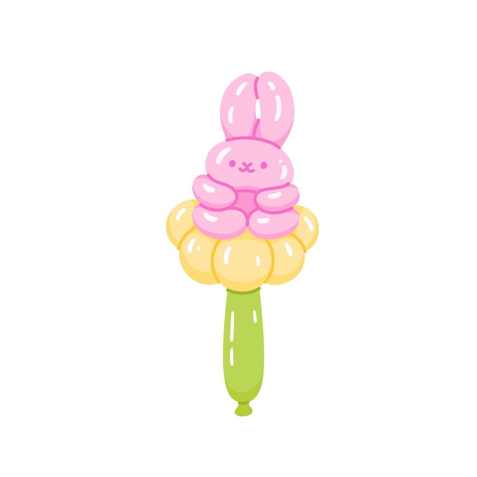 Animal funny bunny sitting on yellow flower. Twisted helium latex balloon. Happy rabbit with positive face expression. Spring, happy easter symbol. Isolated flat clip art vector