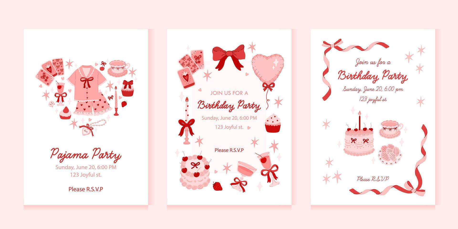 Colorful collection of 3 vertical cards or backgrounds with sample text and whimsical elements. Invitation templates for Pajama party, Birthday, wedding. Coquette aesthetic. vector