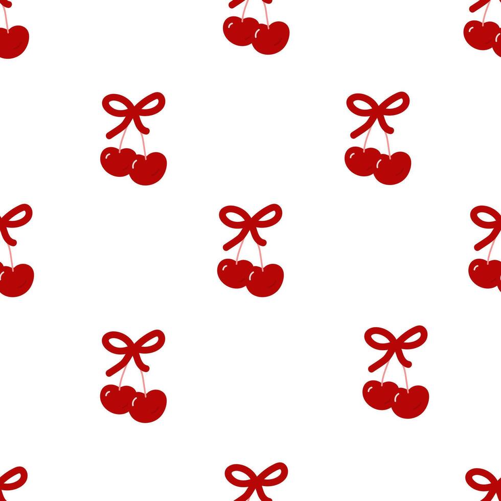 Seamless pattern of coquette bows with simple cherry berries. Background with festive decorative elements for wedding, birthday, valentine day. Vintage hand drawn vecor illustration vector