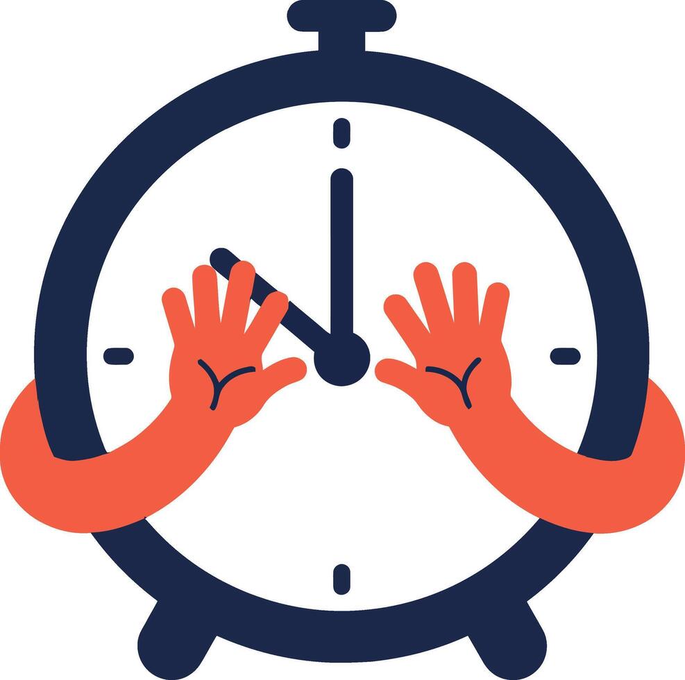 Cartoon clock with human hands pushing time in a flat illustration vector