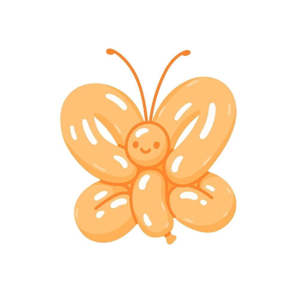 Realistic animal shaped balloon, funny butterfly toy. Twisted helium latex ballon. Happy insect with positive face expression. Spring or summer symbol. Isolated flat illustration vector