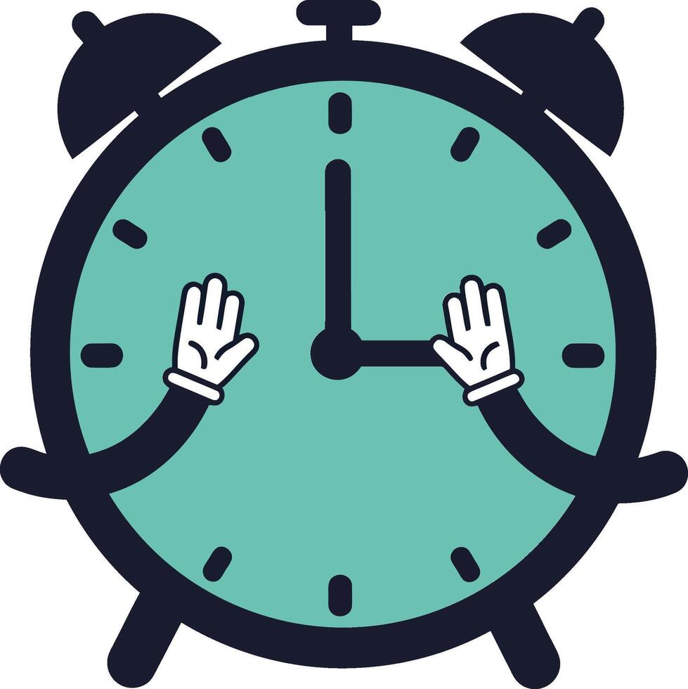 Alarm clock character with hands adjusting time in minimal flat illustration vector