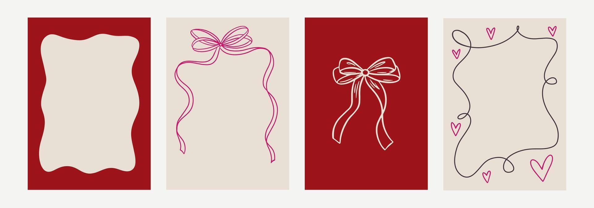 Set of elegant whimsical hand-drawn spring frames with wavy squiggle curly ribbons in trendy, vintage styles. Perfect for quirky holiday, wedding, bachelorette invitation vector