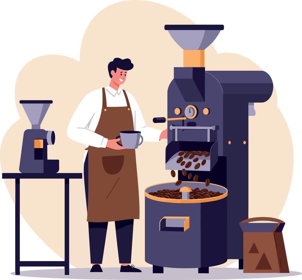 A barista brewing coffee with a professional coffee machine in a minimalist style illustration vector