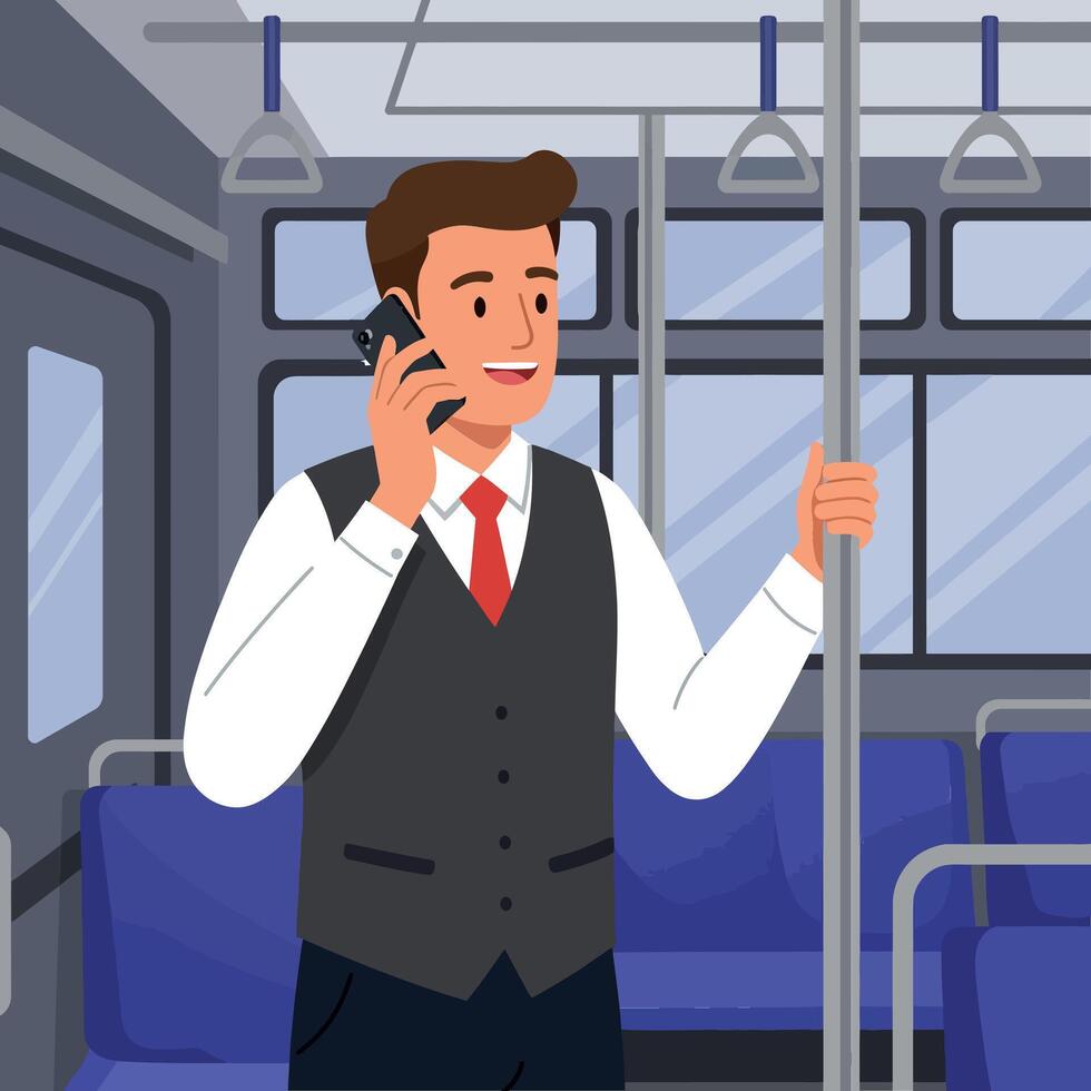 A young man in formal attire talking on his smartphone inside a public transport vehicle, flat illustration vector