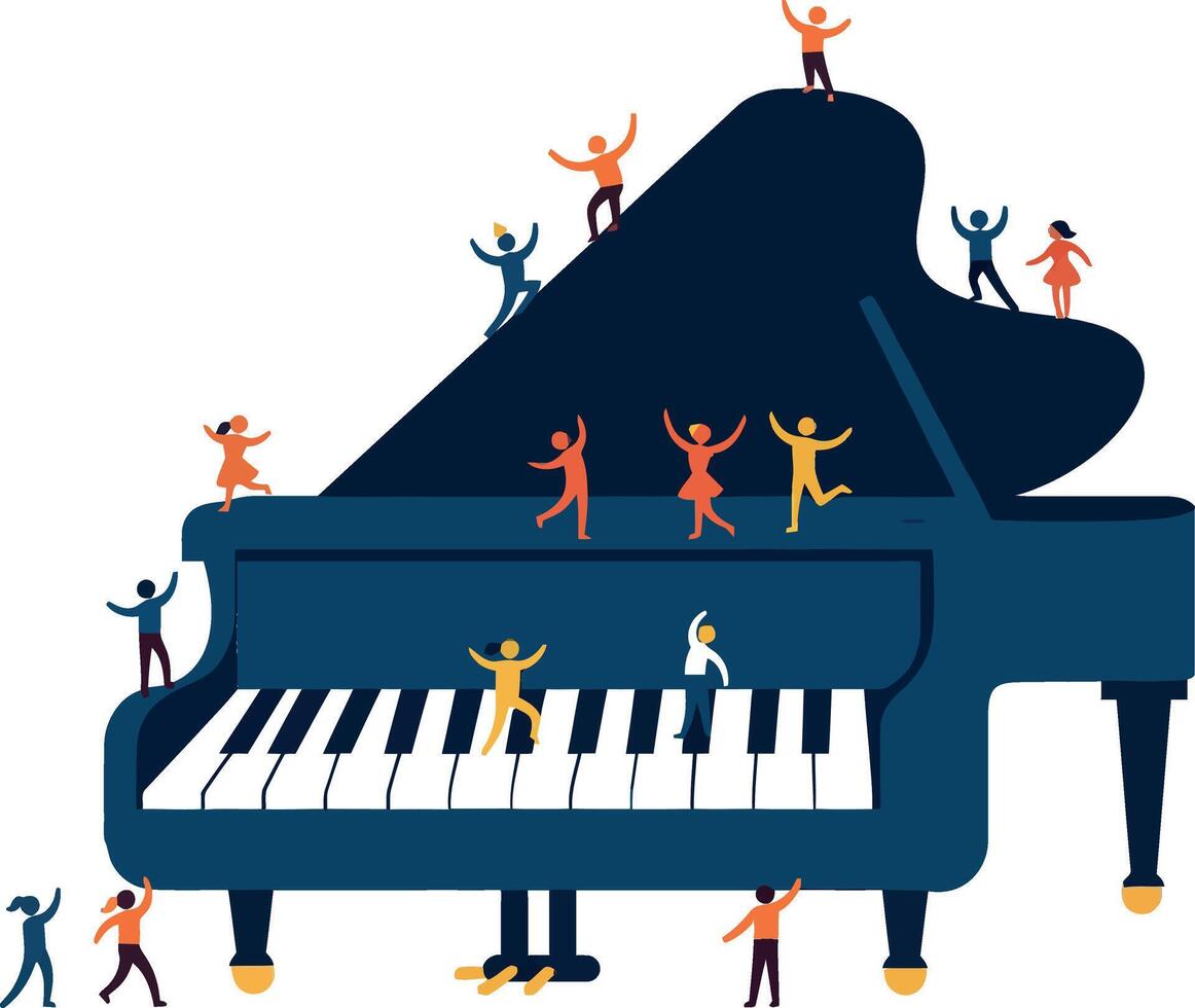Group of colorful dancers joyfully celebrating on a grand piano in flat art vector