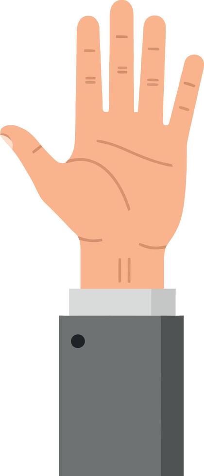 A raised hand in a grey suit sleeve showcasing a flat and minimalistic illustration vector
