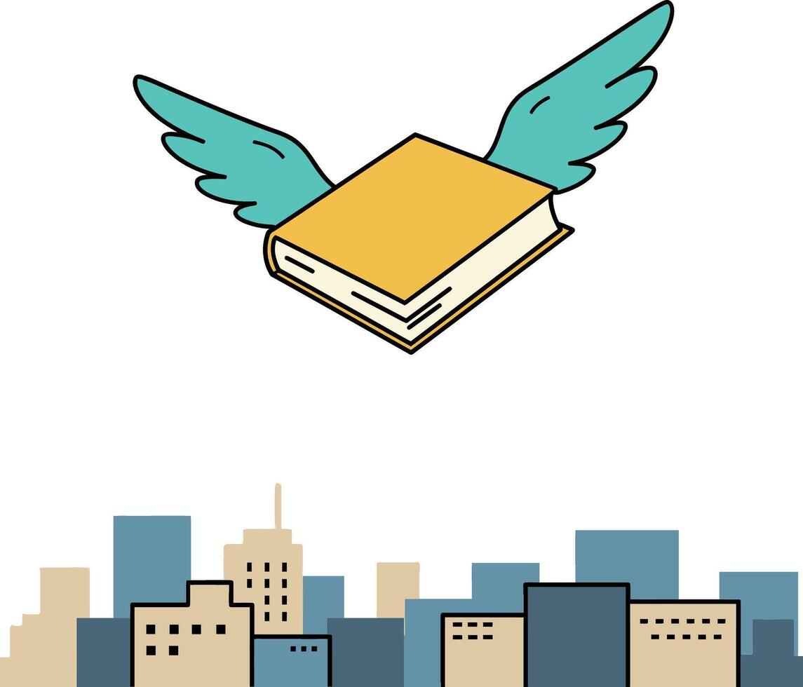 A flying book with wings soaring above a modern city skyline in flat art vector