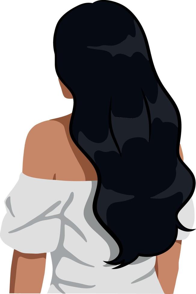 Woman with long black hair wearing an off-shoulder white top in flat art vector