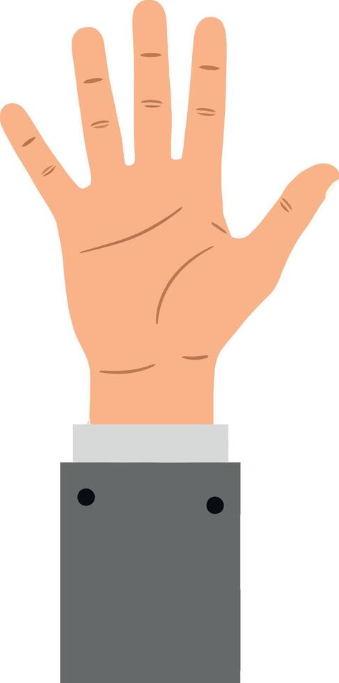 A raised hand in a formal suit showcasing an open palm in flat art vector