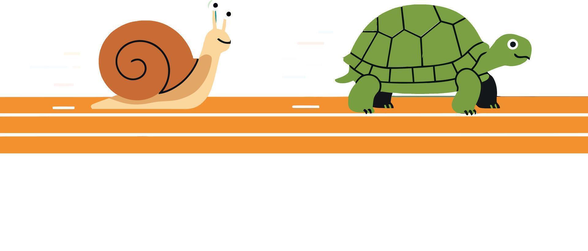 Snail and turtle competing on a bright orange track in a minimal illustration vector