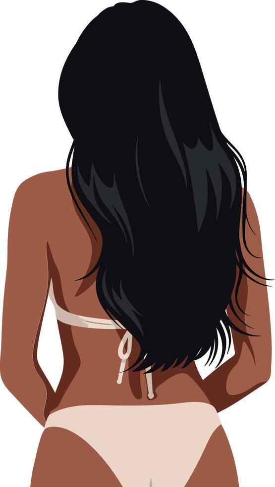 Woman with long black hair wearing a bikini, minimal design, enjoying a sunny beach, illustration vector