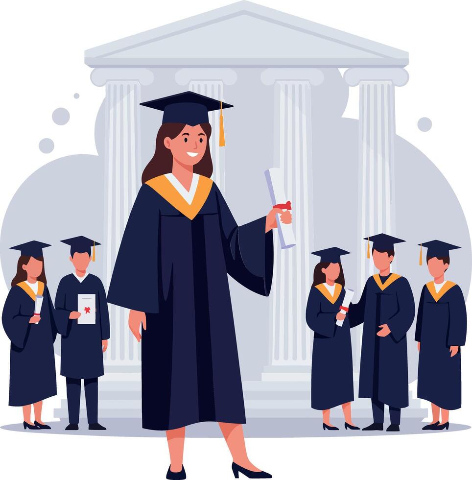 Graduating students celebrating achievement in academic robes with caps in a flat illustration vector