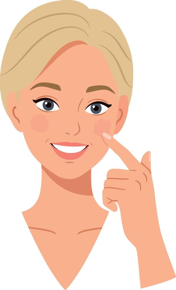 Young woman with blonde hair pointing to her cheek in a minimal style illustration vector