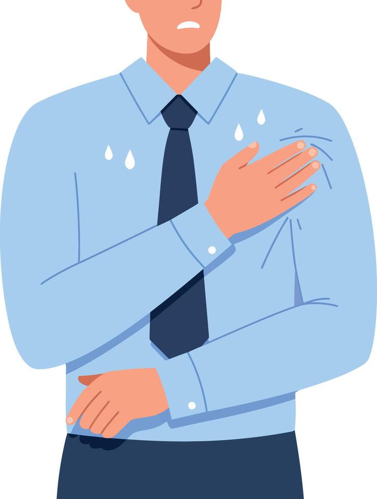 Man in a light blue shirt showing signs of nervousness with sweat droplets in a detailed flat illustration vector
